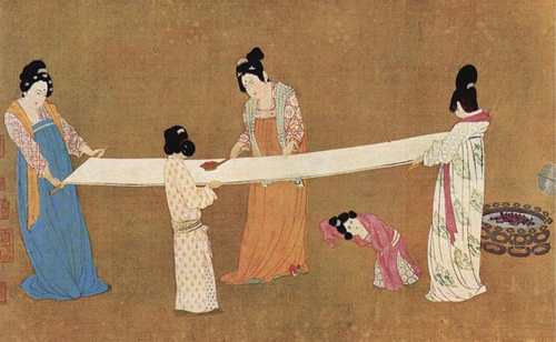 Detail of a scroll depicting silk work of the court